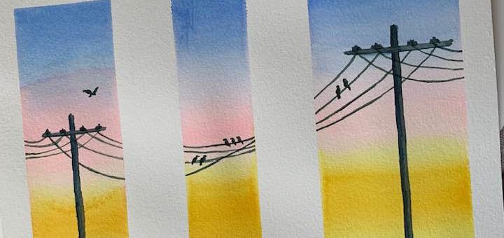 Birds on a wire watercolor painting