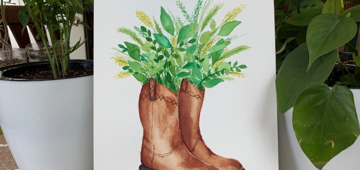 Cowboy Boots and Flowers Watercolor