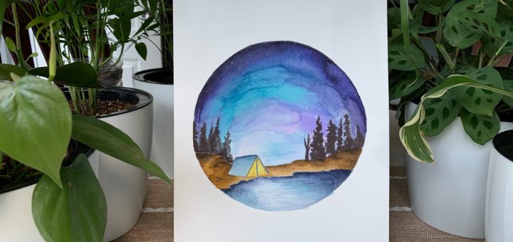 Night Camping Watercolor Painting